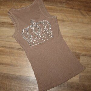 Vintage Y2K MISS ME Size SMALL Mocha Brown Rhinestone Crown Cross V-Neck Tank